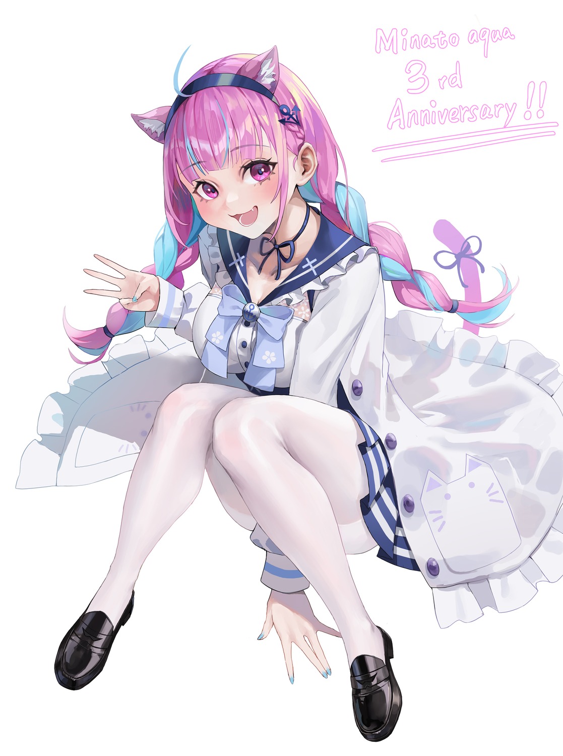 animal_ears, hololive, minato_aqua, natsugou_shinogi, nekomimi, pantyhose, seifuku, skirt_lift