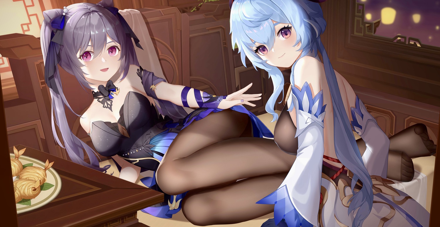 asian_clothes, cleavage, dress, ganyu, genshin_impact, horns, ichigo_mayonnaise, keqing, no_bra, pantyhose, skirt_lift