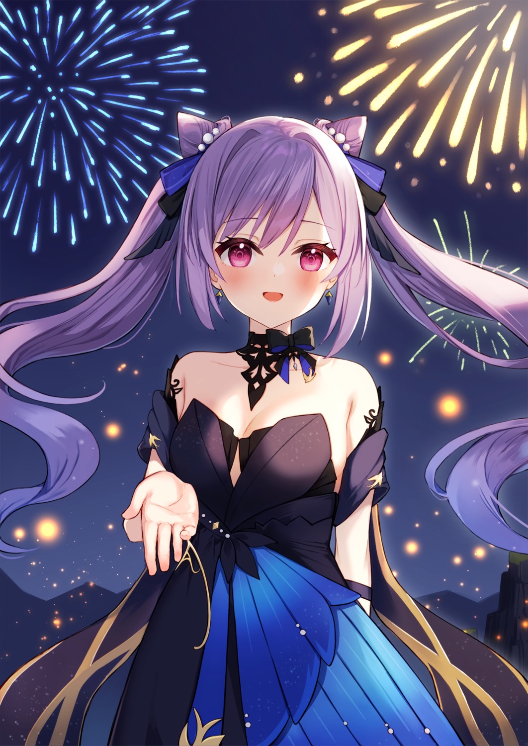cleavage, dress, genshin_impact, keqing, mirai_(mirai76_), no_bra