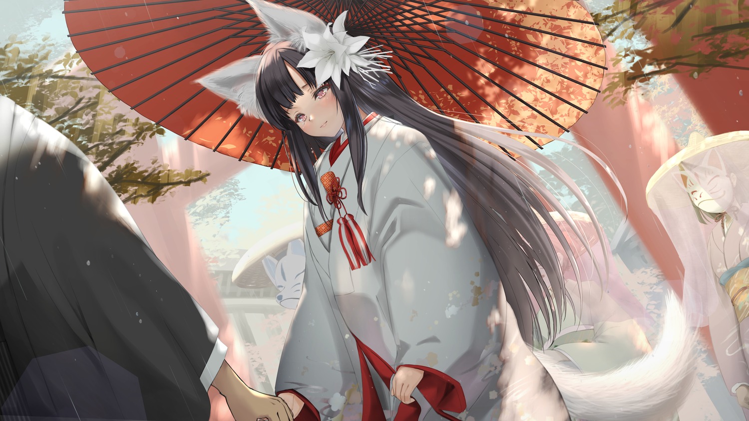 animal_ears, japanese_clothes, kitsune, murasame_hachiman, tail, umbrella