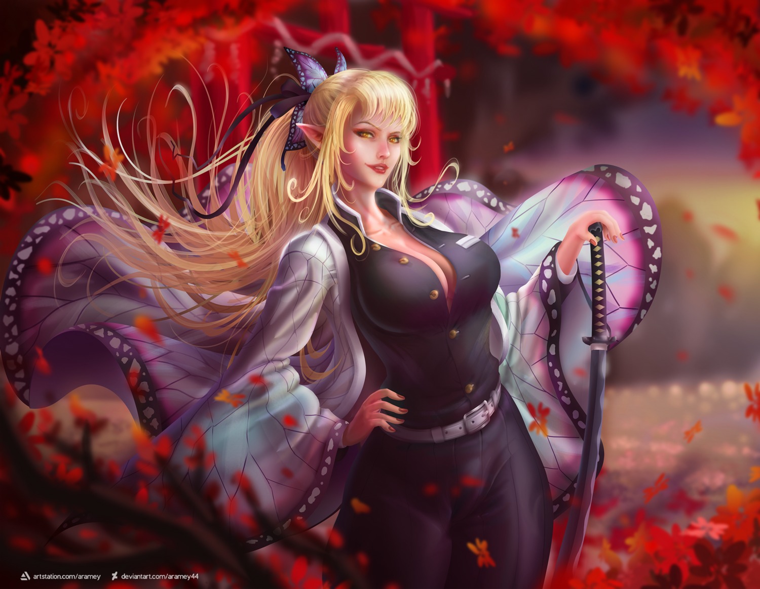 aramey, cleavage, cosplay, japanese_clothes, kimetsu_no_yaiba, kissshot_acerolaorion_heartunderblade, kochou_shinobu, monogatari_(series)