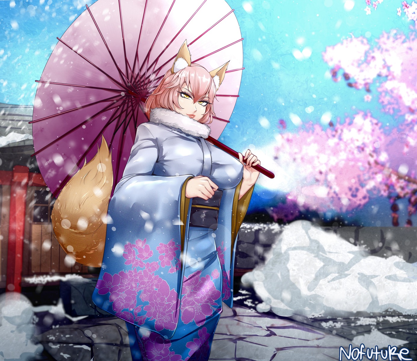 animal_ears, fate/grand_order, kimono, kitsune, nofuture, tail, tamamo_no_mae, umbrella