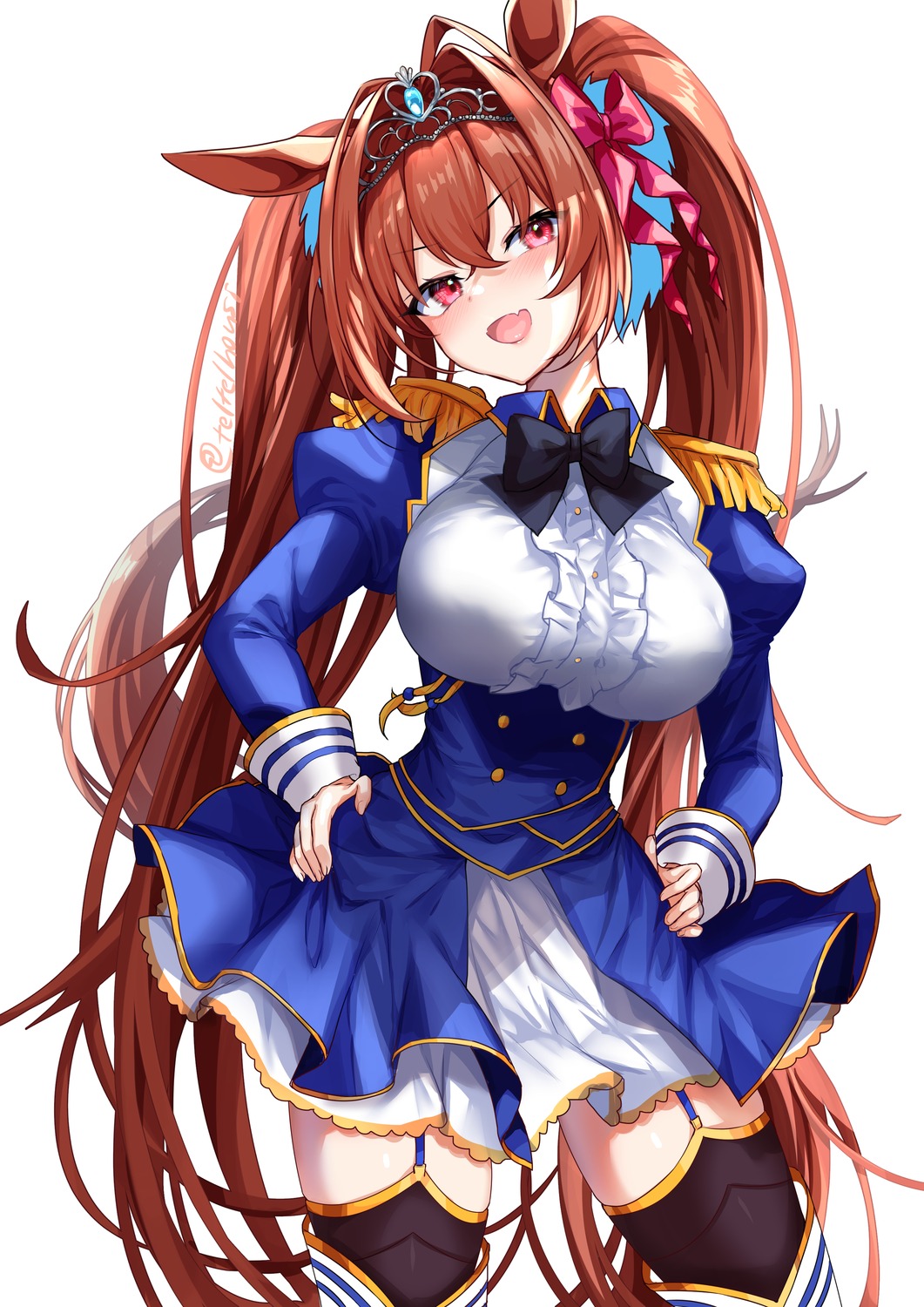 animal_ears, daiwa_scarlet_(umamusume), skirt_lift, stockings, tail, teltelhousi, thighhighs, uma_musume_pretty_derby