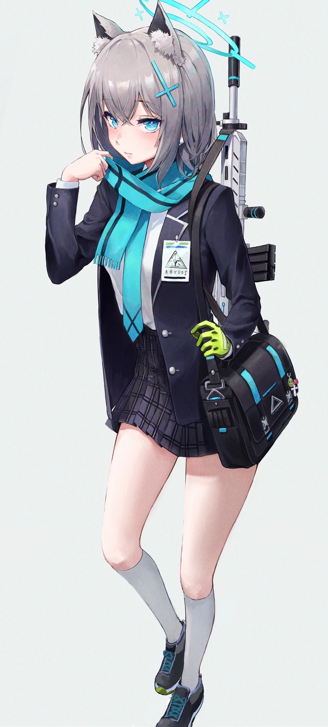 animal_ears, blue_archive, gun, halo, nekomimi, pigone, seifuku, sunaookami_shiroko