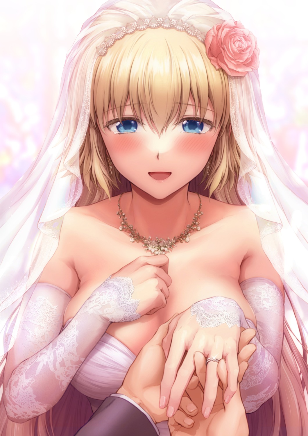 breast_hold, chacharan, dress, fate/grand_order, jeanne_d'arc, jeanne_d'arc_(fate), no_bra, wedding_dress