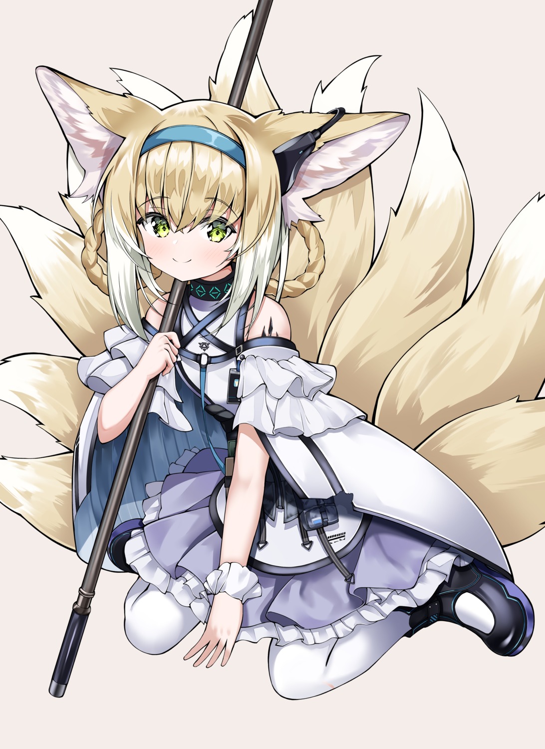 animal_ears, arknights, kitsune, suzuran_(arknights), tail, tor_ai, weapon