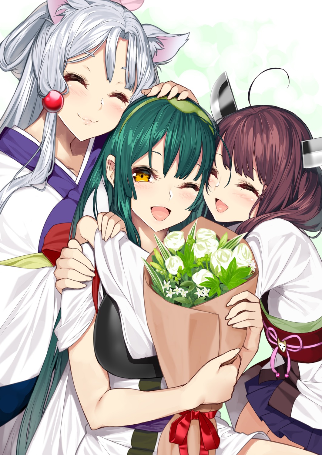 animal_ears, horns, japanese_clothes, kitsune, touhoku_itako, touhoku_kiritan, touhoku_zunko, vocaloid
