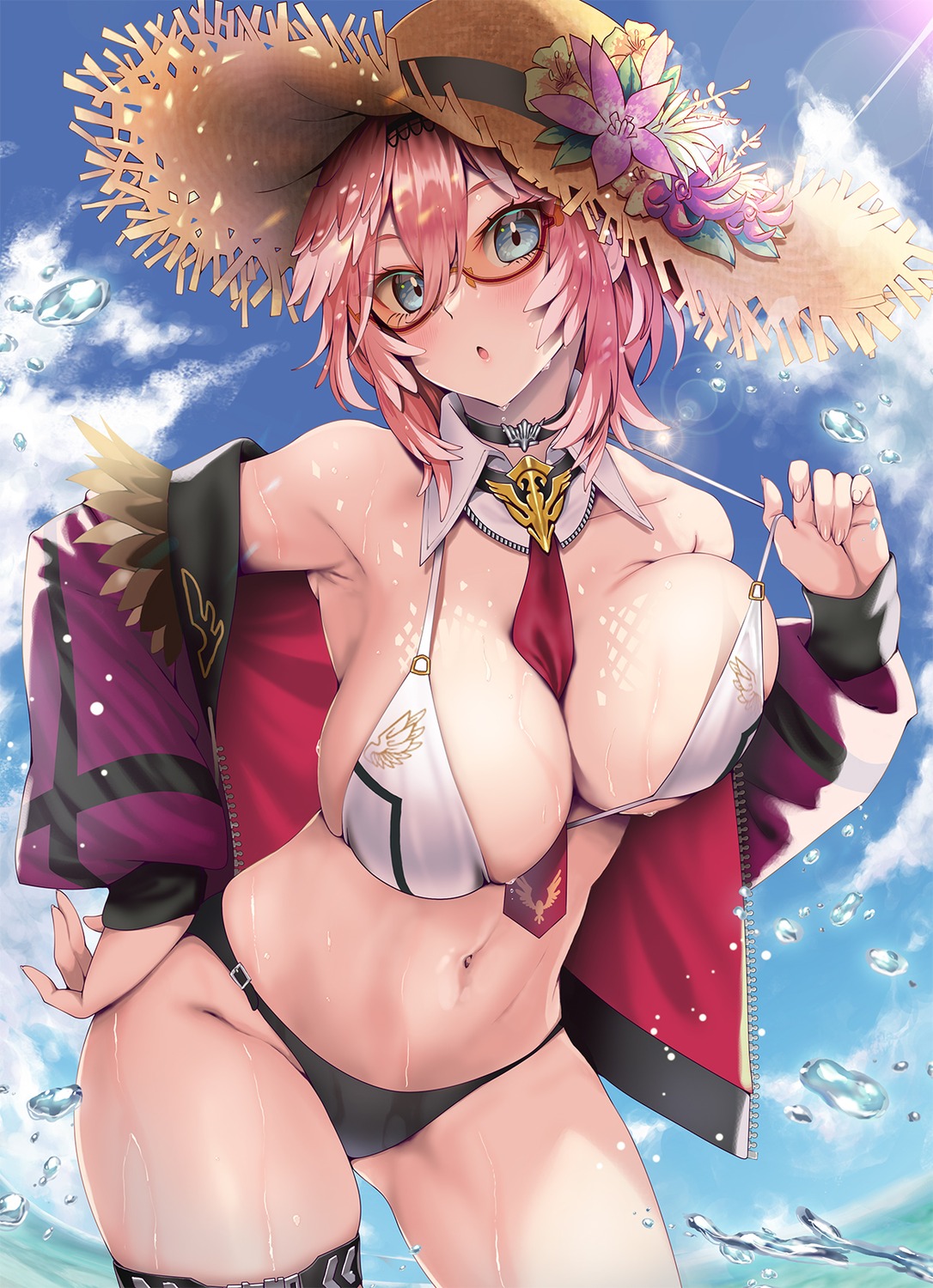bikini, cleavage, garter, hololive, kubota_masaki, megane, open_shirt, swimsuits, takane_lui, undressing, wet, wings