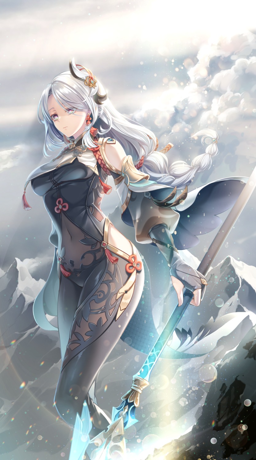 asian_clothes, bodysuit, genshin_impact, karen_(navy_42), shenhe, weapon