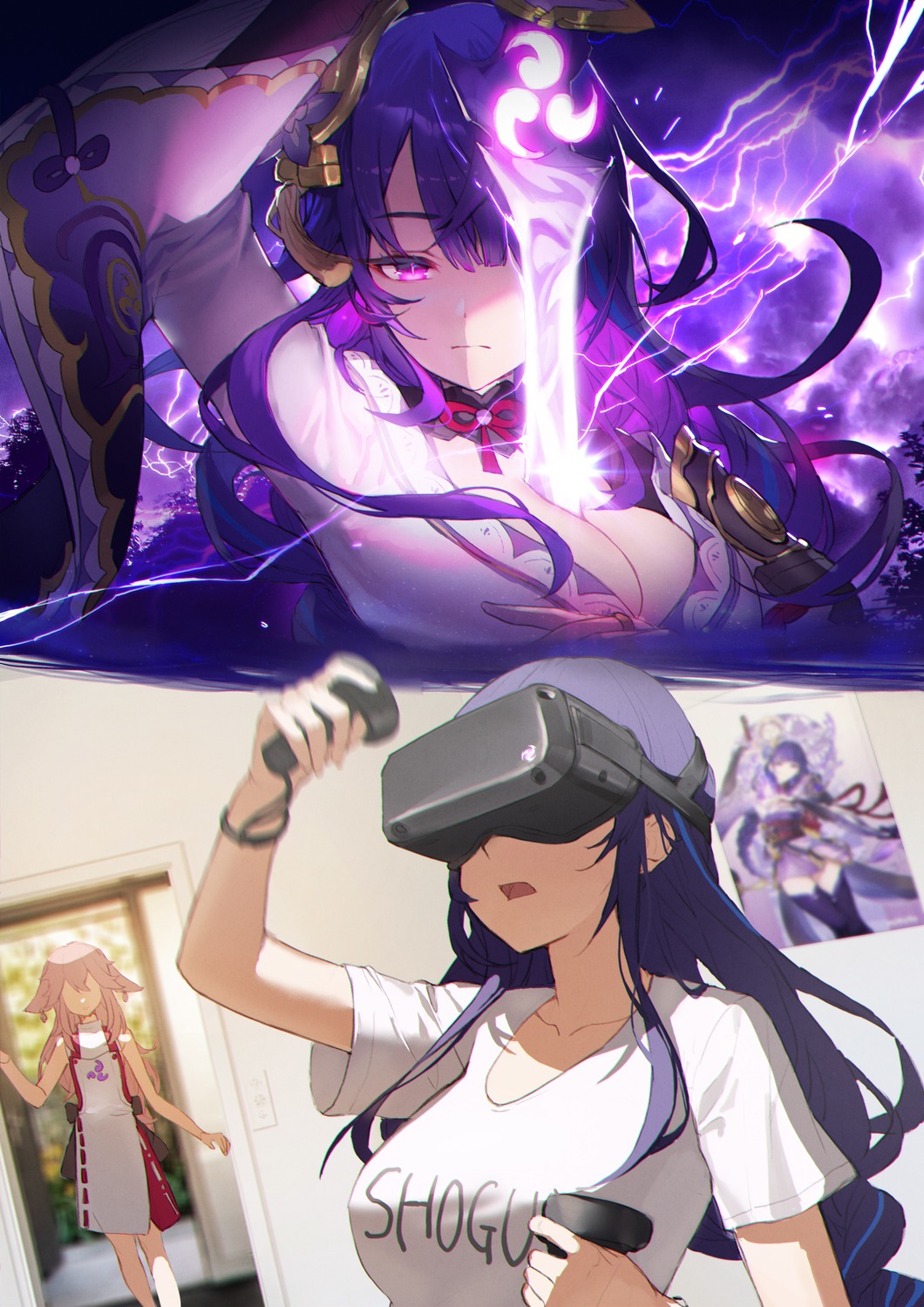 cleavage, genshin_impact, japanese_clothes, mmlyno, no_bra, raiden_shogun, sword