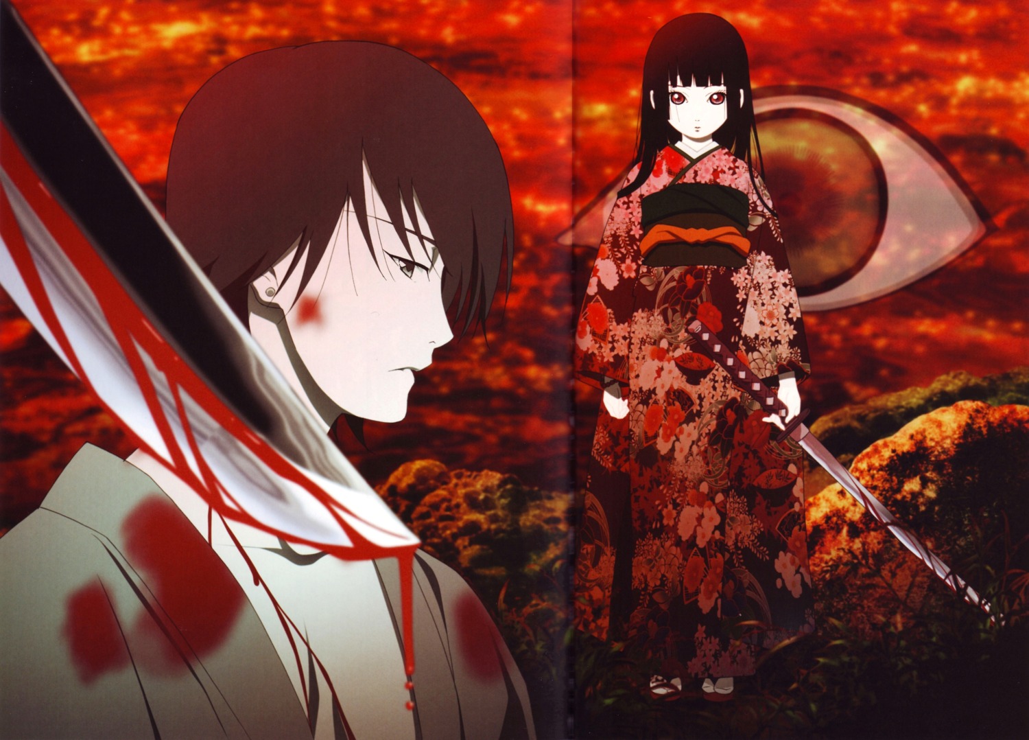 blood, crease, enma_ai, ichimoku_ren, jigoku_shoujo, kimono, oka_mariko, screening, sword