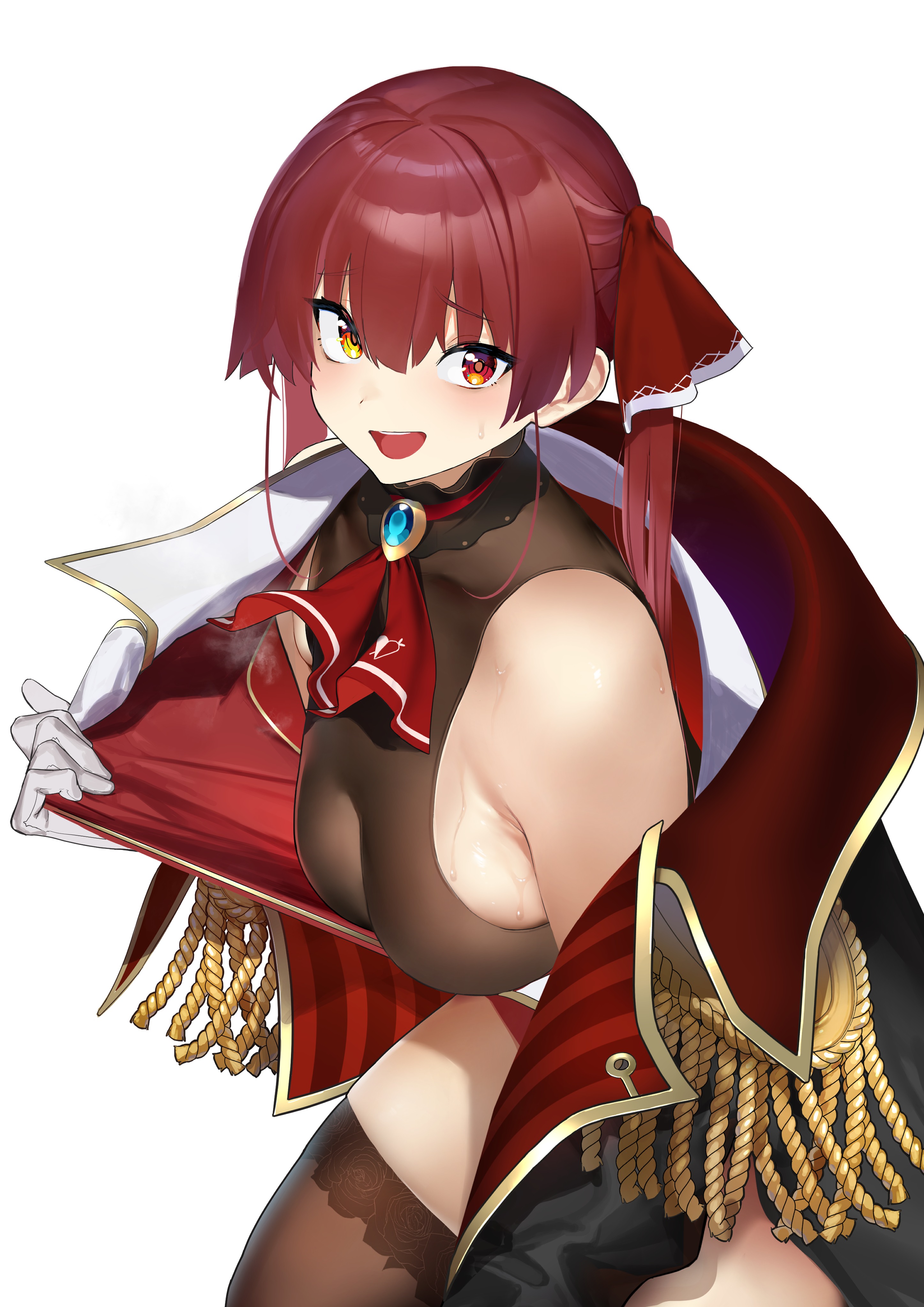 heterochromia, hololive, houshou_marine, jikatarou, no_bra, pirate, thighhighs, undressing