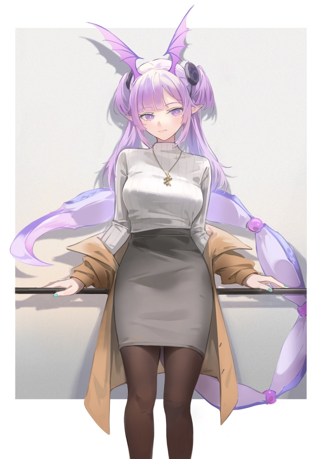 arknights, manticore_(arknights), pantyhose, pointy_ears, sweater, tail, wings, yinghuahua