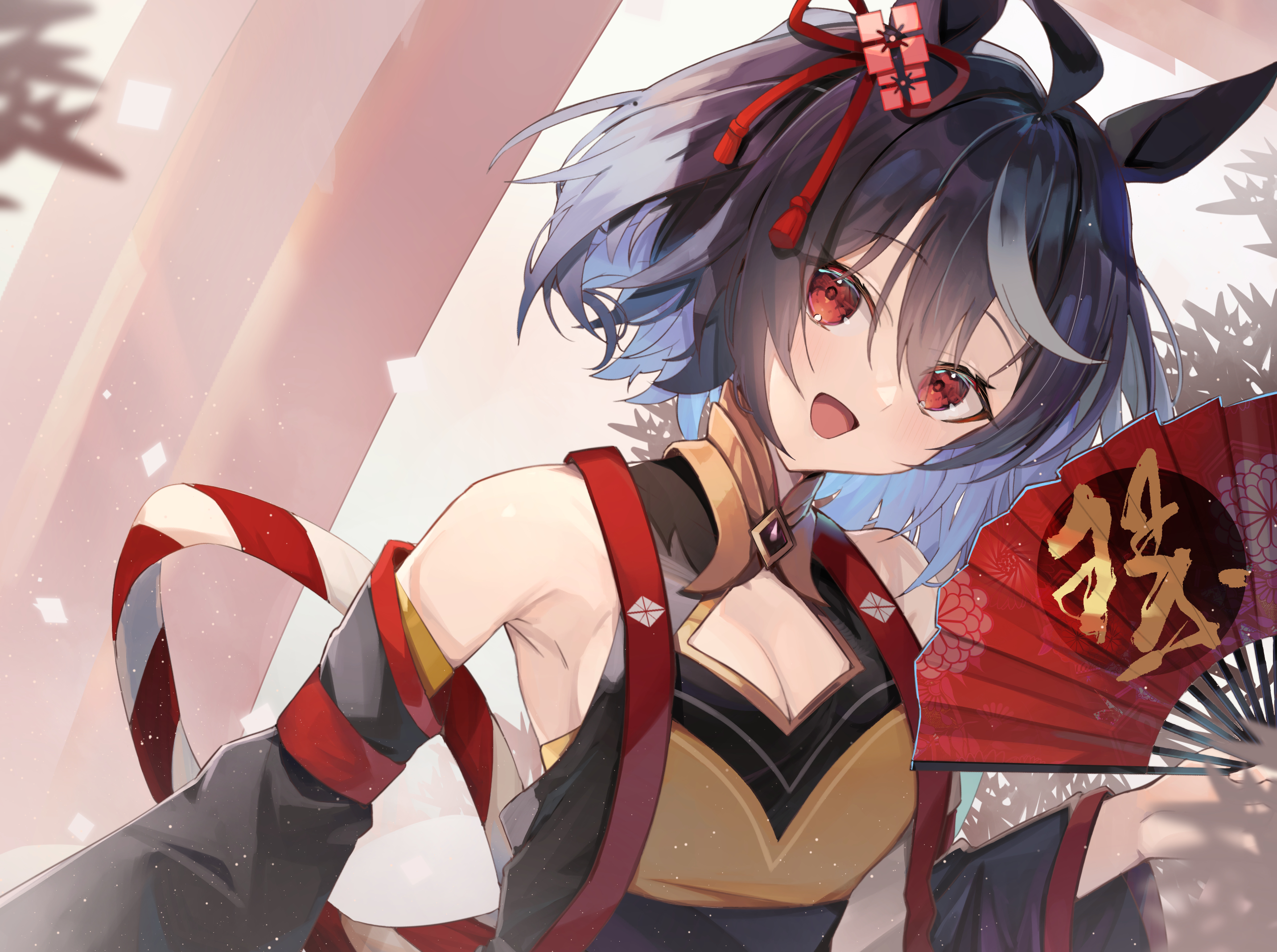 animal_ears, cleavage, japanese_clothes, kitasan_black_(umamusume), kuroshiro_kanae, uma_musume_pretty_derby