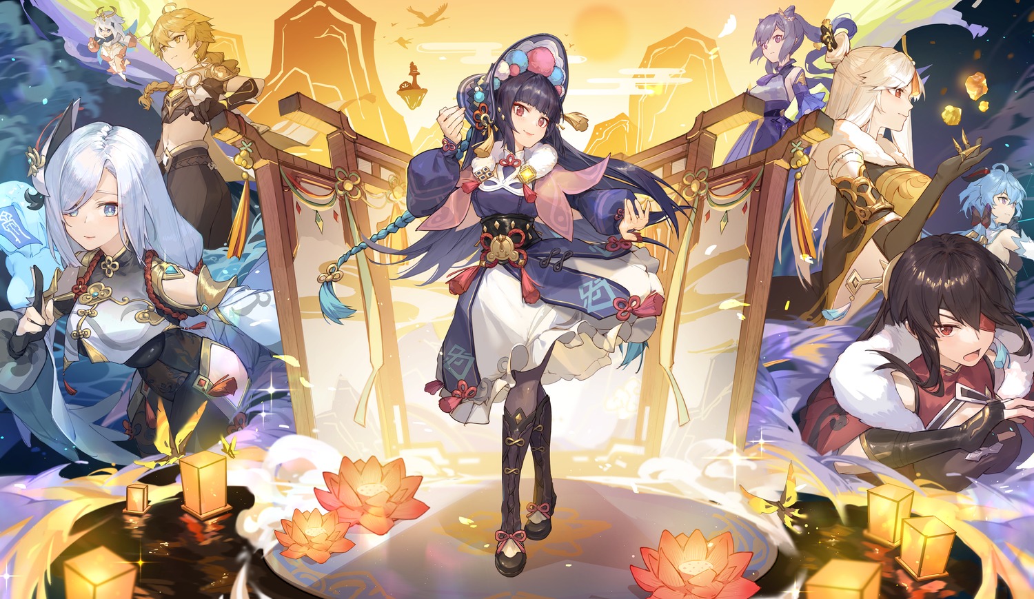 aether, asian_clothes, beidou, bodysuit, eyepatch, ganyu, genshin_impact, horns