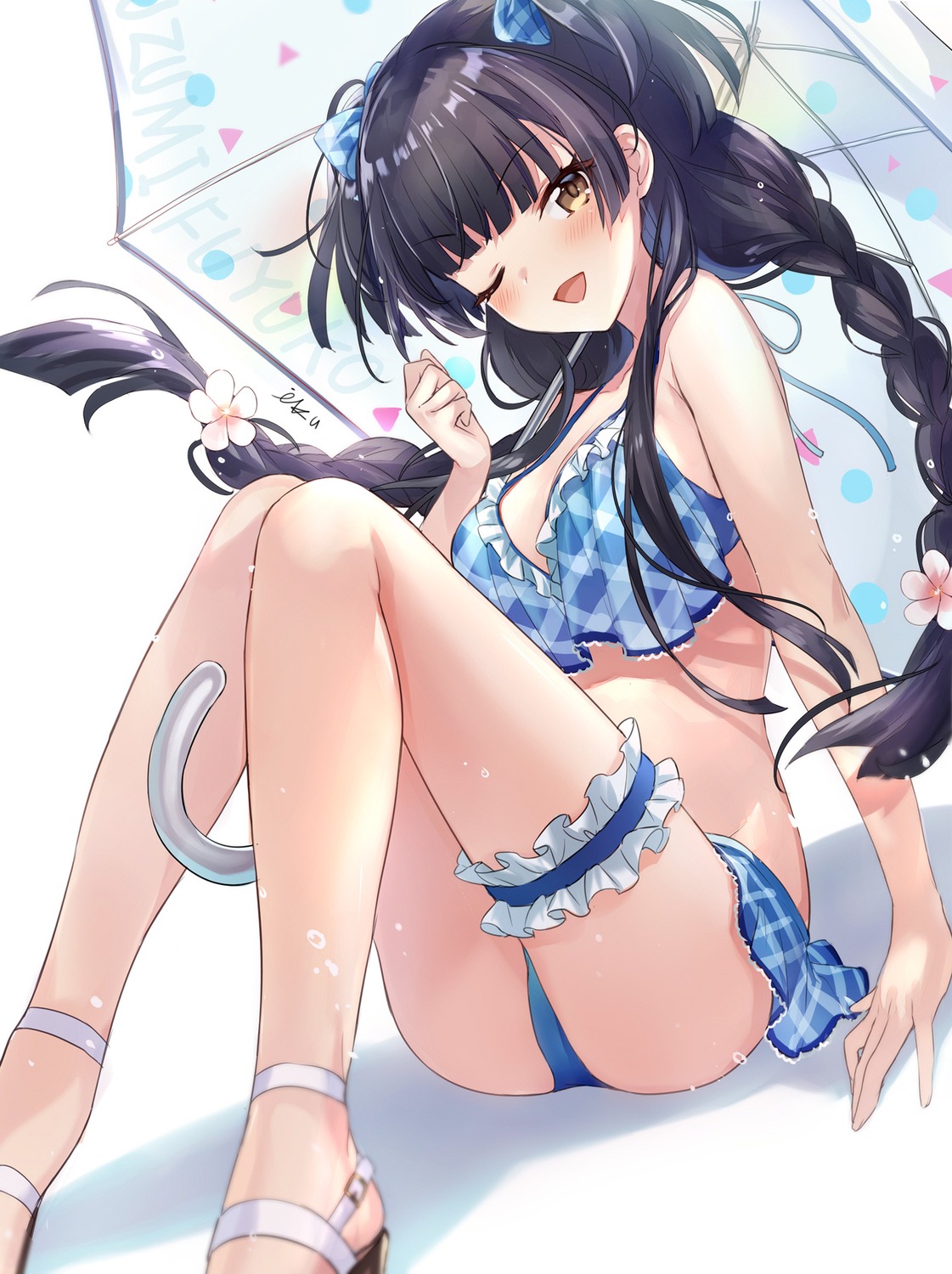 bikini, cleavage, garter, iku2727, mayuzumi_fuyuko, swimsuits, the_idolm@ster, the_idolm@ster_shiny_colors, umbrella