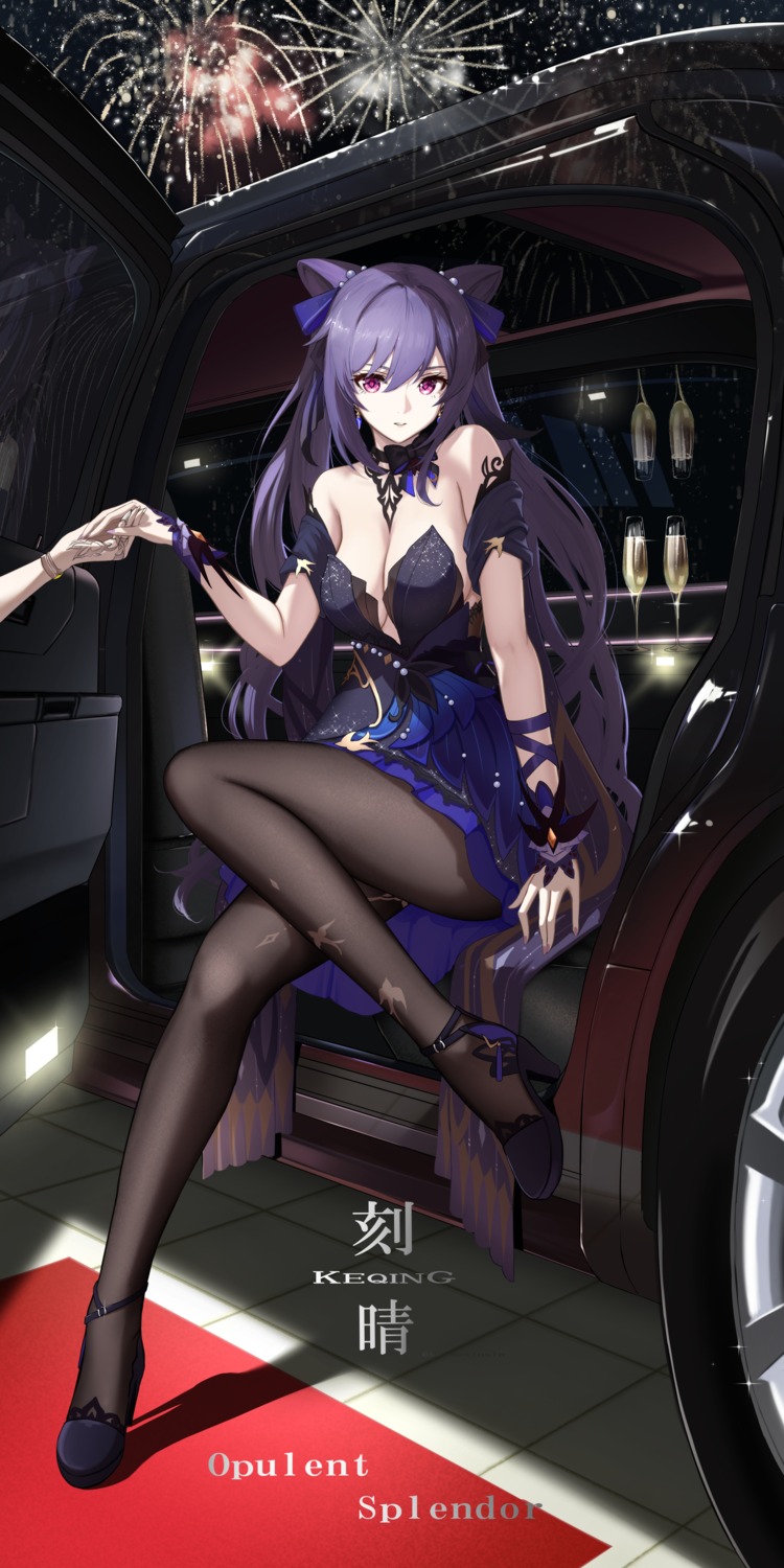 dress, genshin_impact, heels, keqing, kokuusinsin, no_bra, pantyhose, skirt_lift