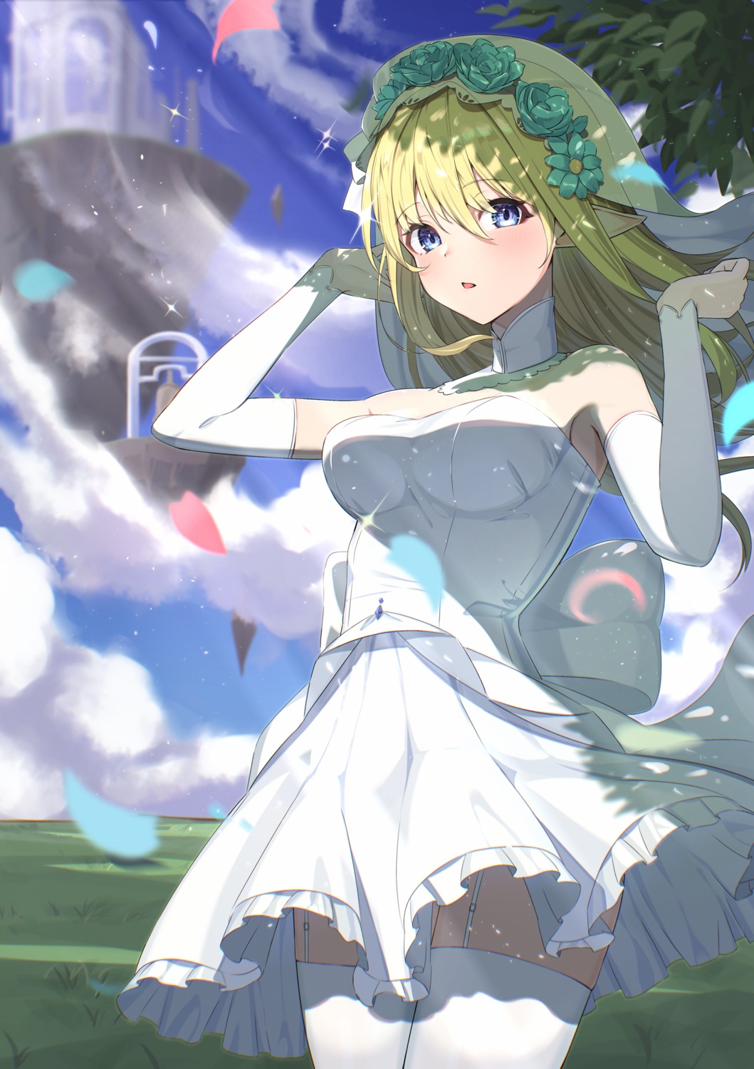 dress, elf, no_bra, pointy_ears, ringopan, skirt_lift, stockings, thighhighs