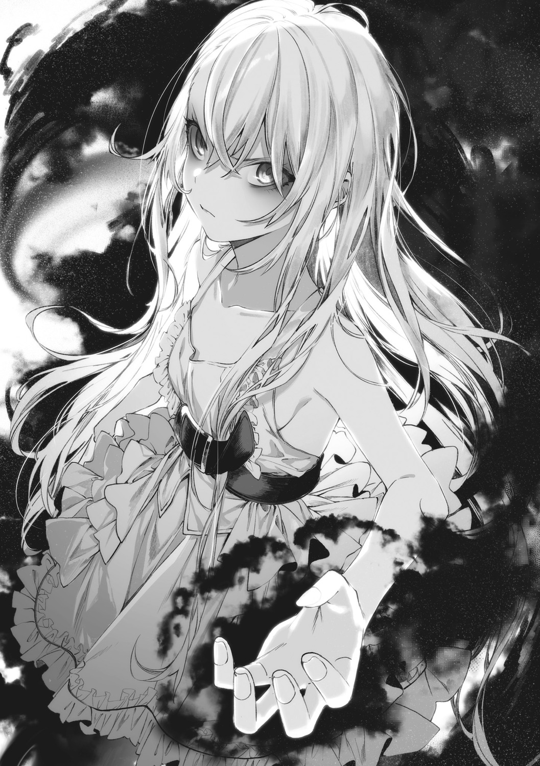 dress, isekai_de_cheat_skill_wo_te_ni_shita_ore_wa_genjitsu_sekai_wo_mo_musou_suru, kuwashima_rein, monochrome, no_bra, yuti