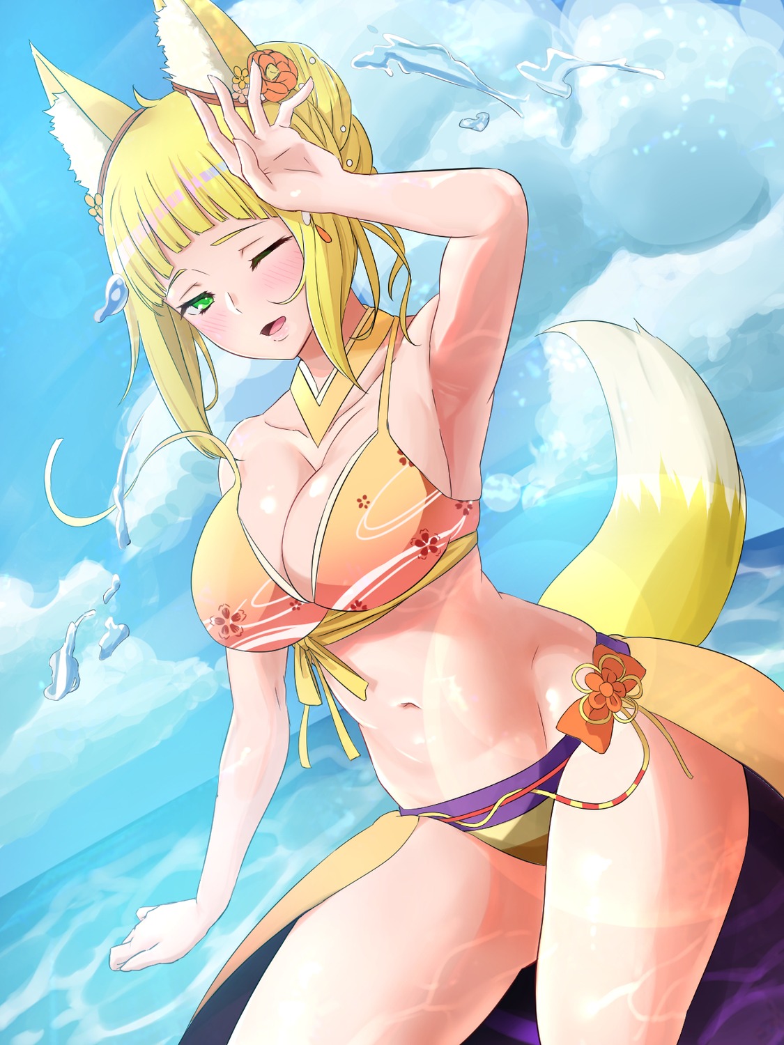 animal_ears, bikini, cleavage, dungeon_ni_deai_wo_motomeru_no_wa_machigatteiru_darou_ka, kitsune, monmomo, sanjouno_haruhime, swimsuits