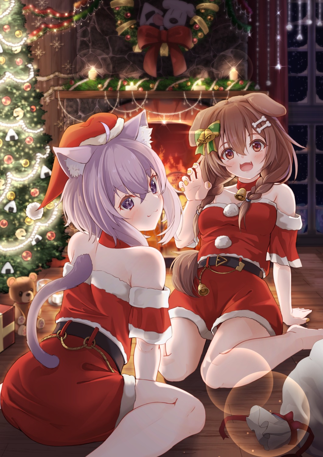animal_ears, christmas, dress, hololive, hololive_gamers, inugami_korone, inumimi, nekomata_okayu
