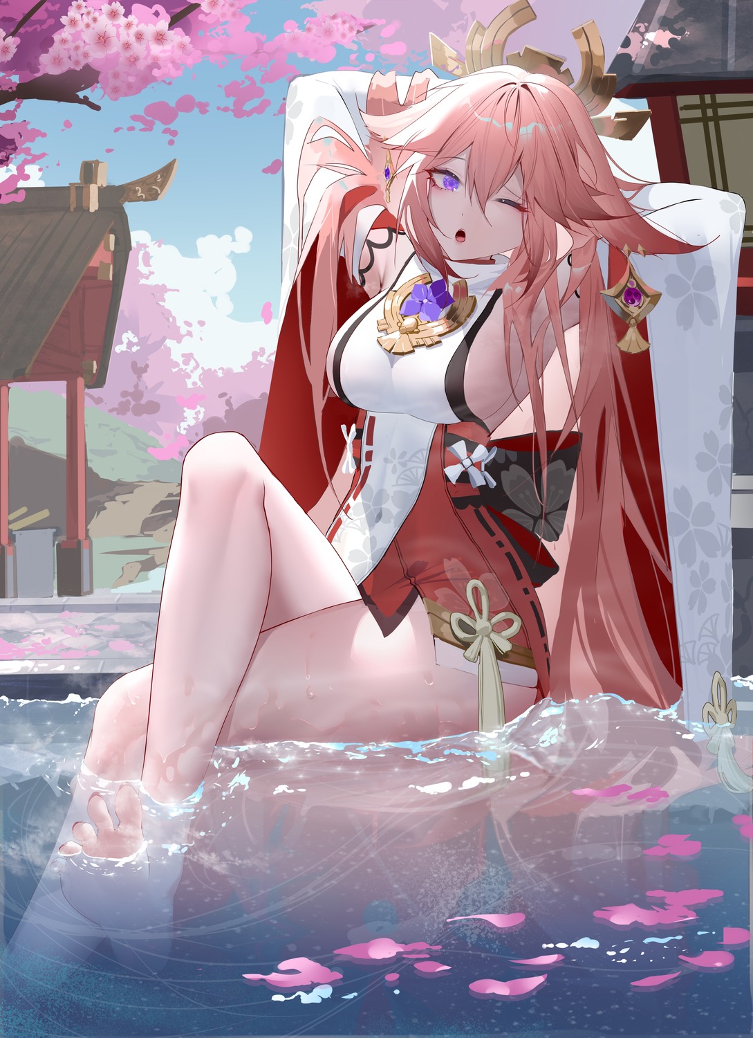 animal_ears, feet, genshin_impact, miko, no_bra, rib_(rib_delesetong), wet, yae_miko