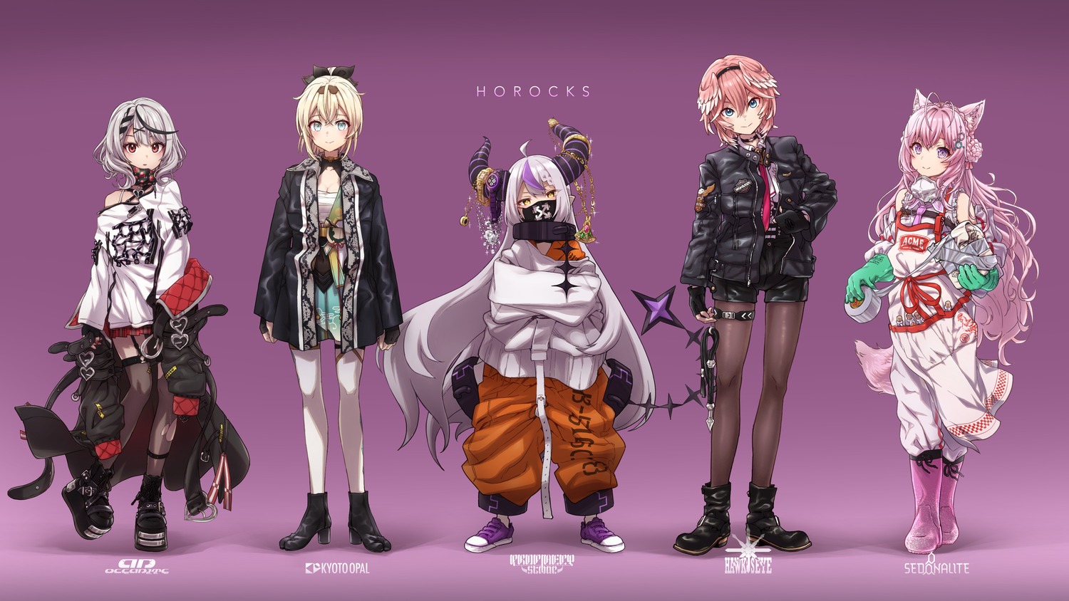 animal_ears, devil, garter, hakui_koyori, heels, hiyocco, hololive, horns, japanese_clothes, kazama_iroha, la+_darknesss, open_shirt, pantyhose, pointy_ears, sakamata_chloe, sarashi, stockings, tail, takane_lui, thighhighs