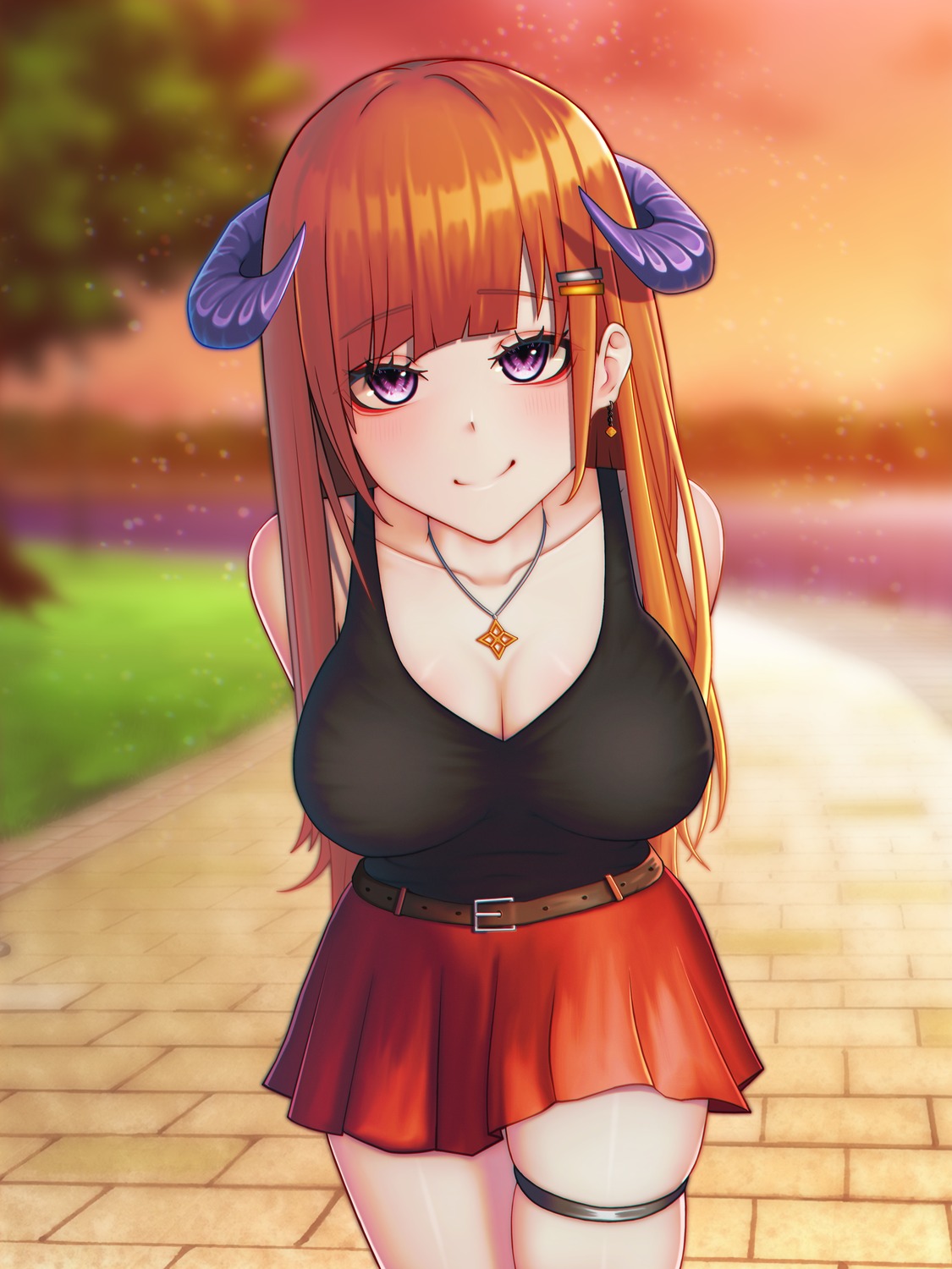 absurd_fox, arknights, bagpipe_(arknights), cleavage, garter, horns