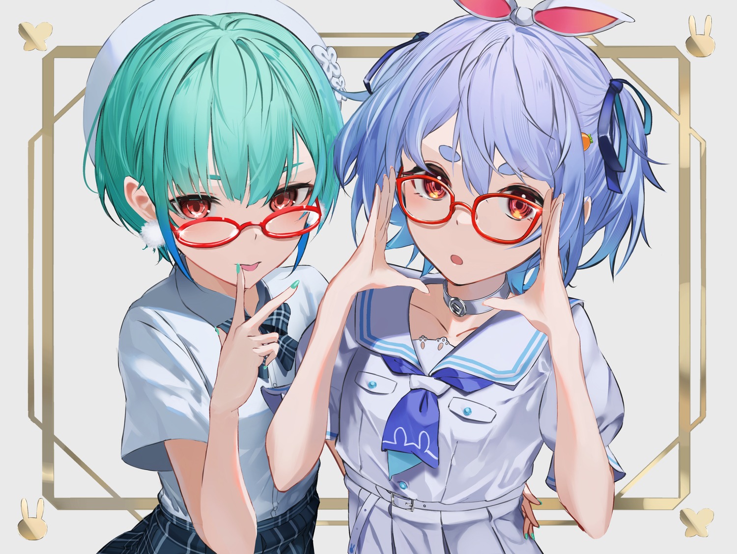animal_ears, bunny_ears, hololive, megane, rasa_k, seifuku, uruha_rushia, usada_pekora