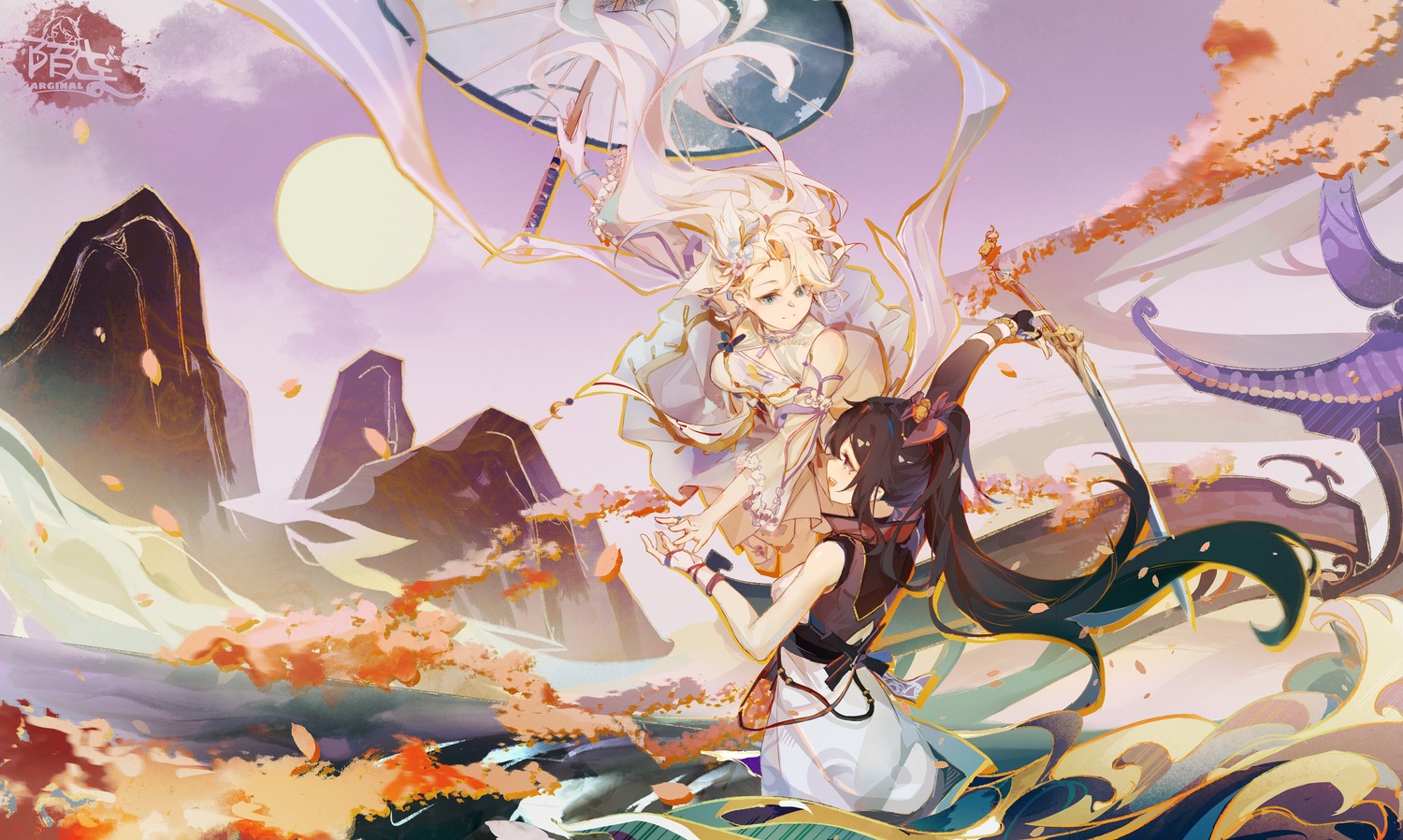 a-soul, bella_(a-soul), japanese_clothes, moyu_marginal, sword, umbrella, yuri