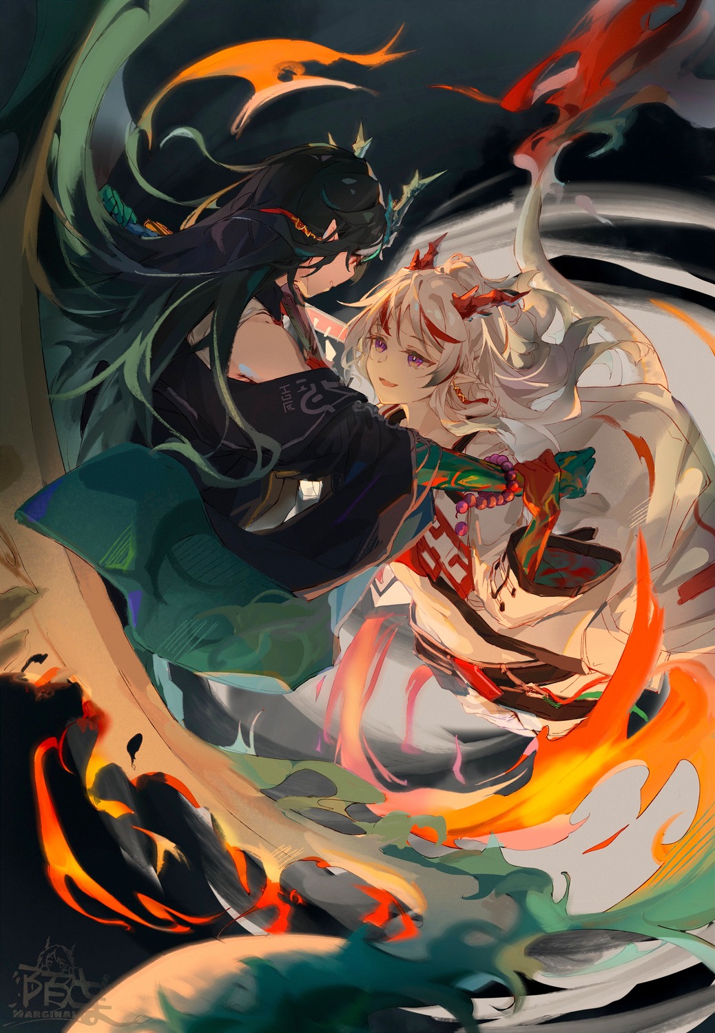 arknights, asian_clothes, dusk_(arknights), horns, moyu_marginal, nian_(arknights), tail, yuri