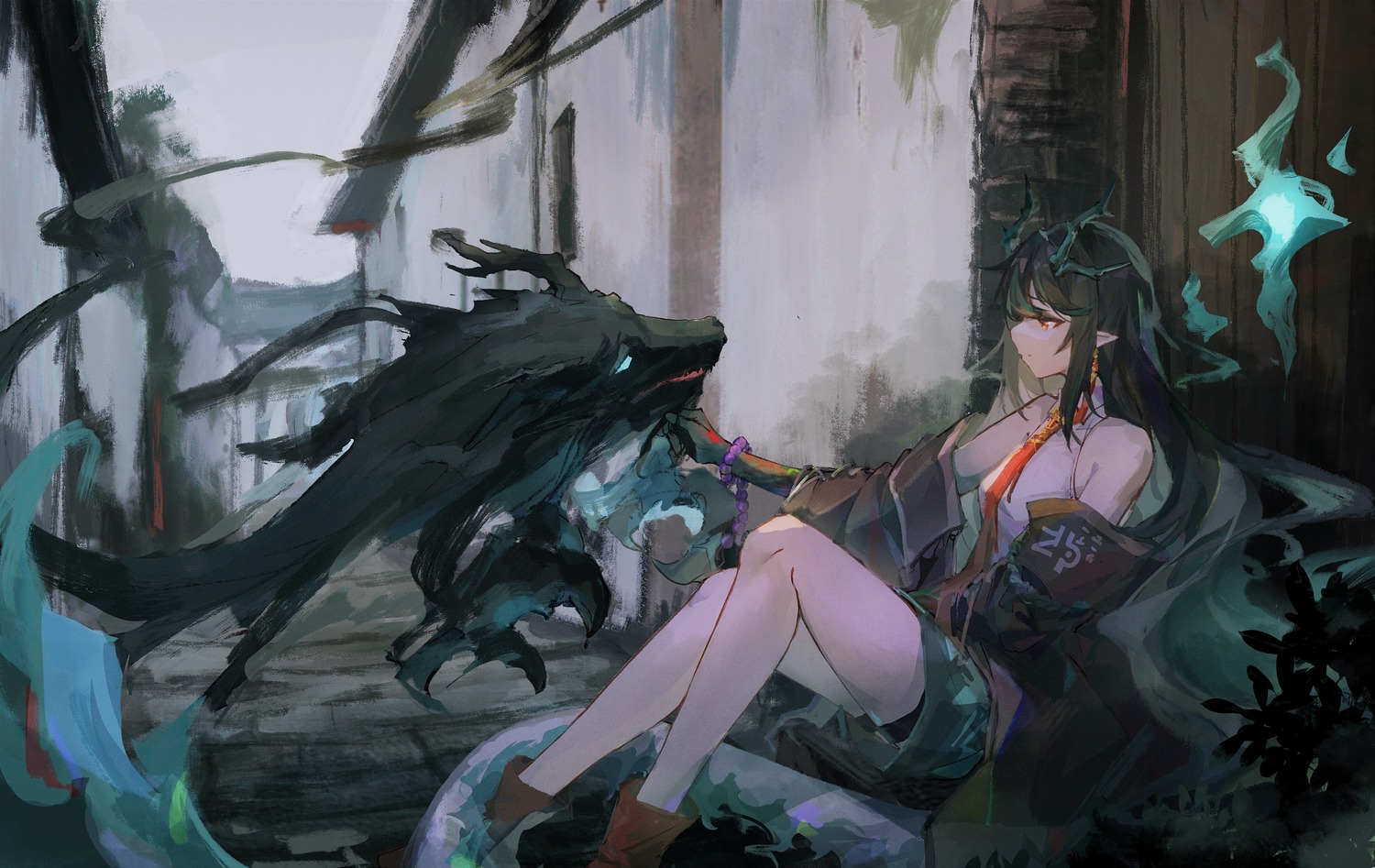 arknights, asian_clothes, dusk_(arknights), horns, monster, moyu_marginal, pointy_ears, tail