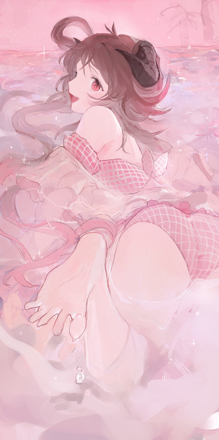 arknights, ass, bikini, dal-gi, eyjafjalla_(arknights), feet, horns, open_shirt, swimsuits, wet