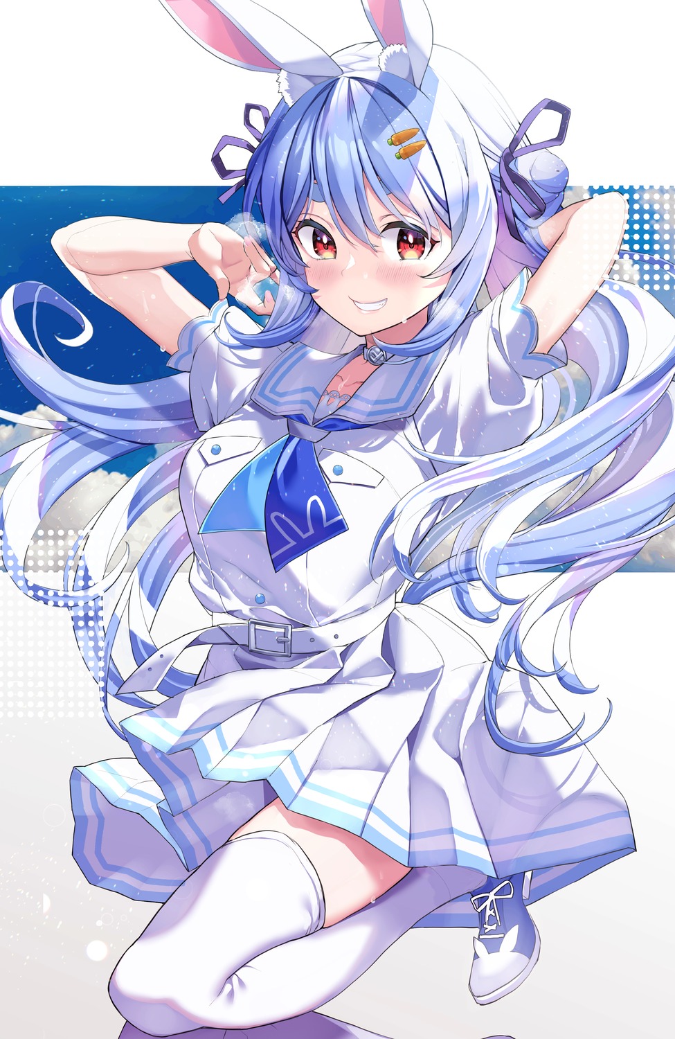 animal_ears, bunny_ears, hololive, merry_haruhina, seifuku, thighhighs, usada_pekora