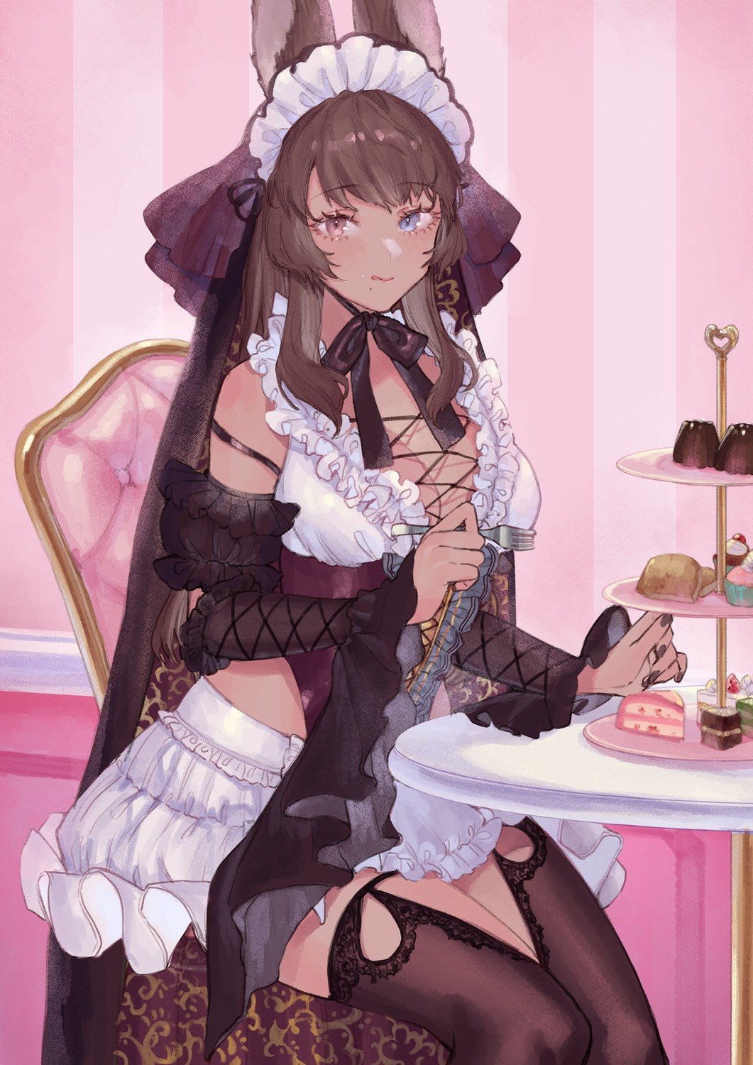 animal_ears, bunny_ears, cleavage, heterochromia, maid, thighhighs, uni_(omochi_unicorn)