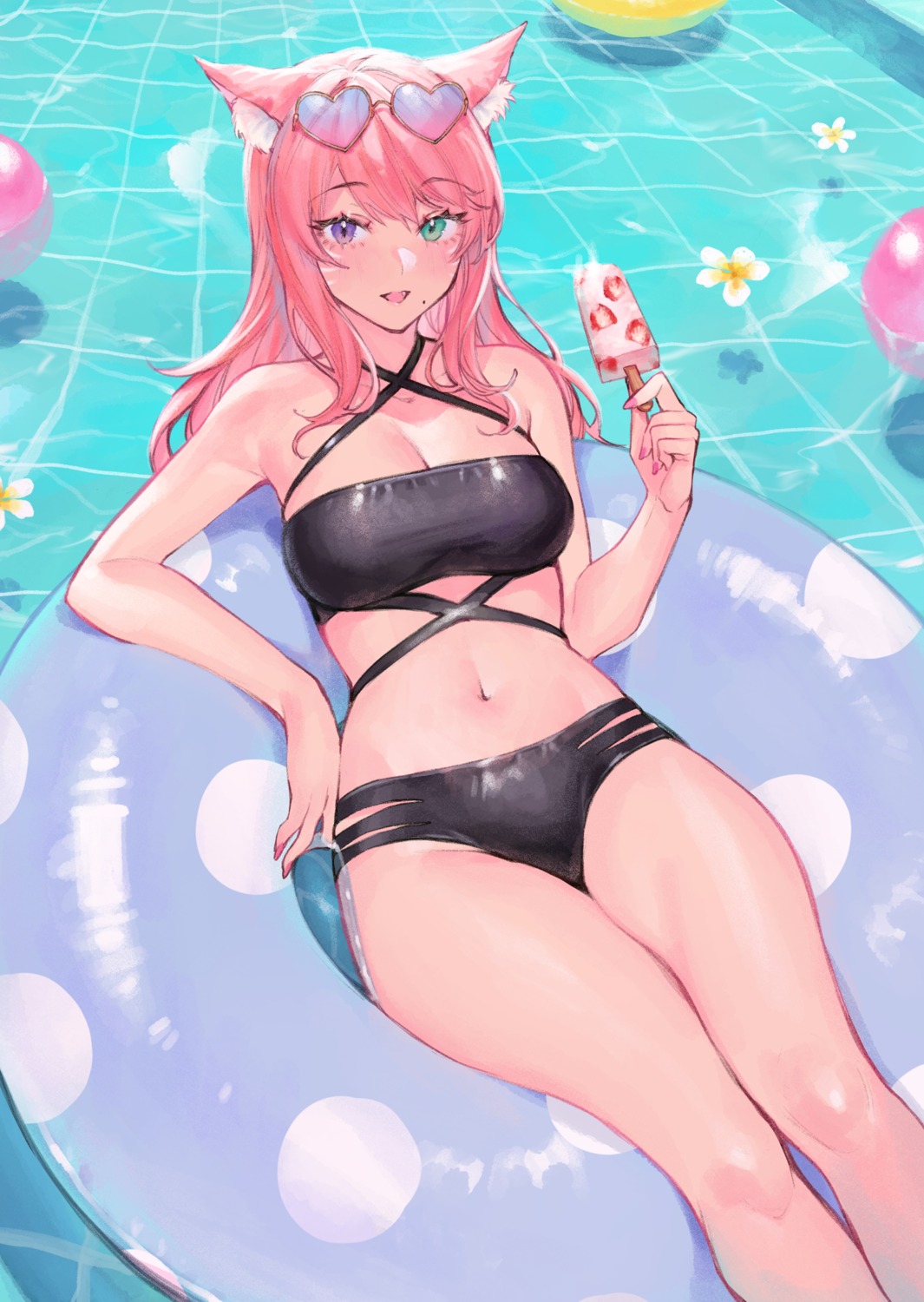bikini, cleavage, final_fantasy, final_fantasy_xiv, heterochromia, megane, miqo'te, swimsuits