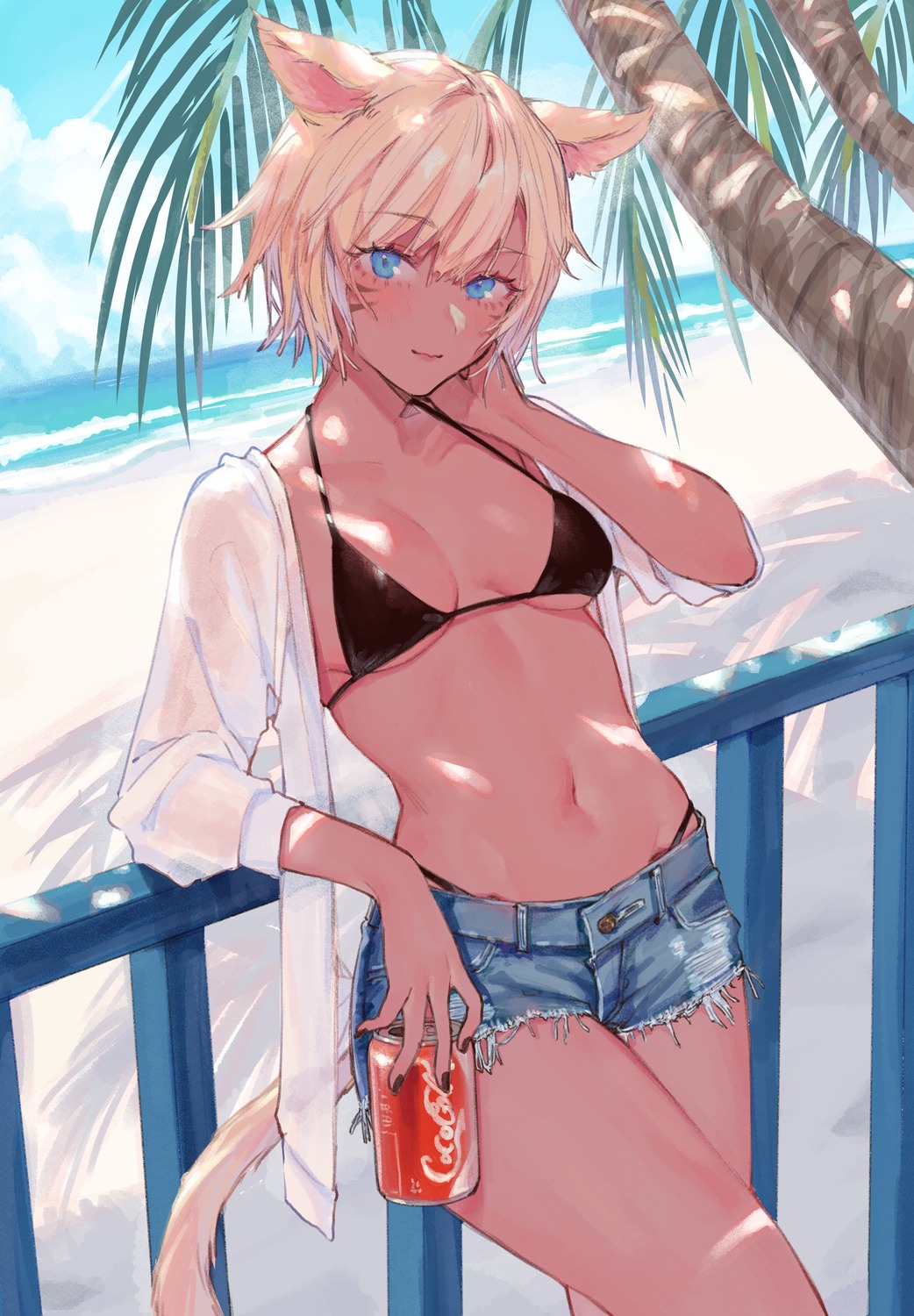 animal_ears, bikini, final_fantasy, final_fantasy_xiv, miqo'te, nekomimi, open_shirt, see_through, swimsuits, tail, uni_(omochi_unicorn)