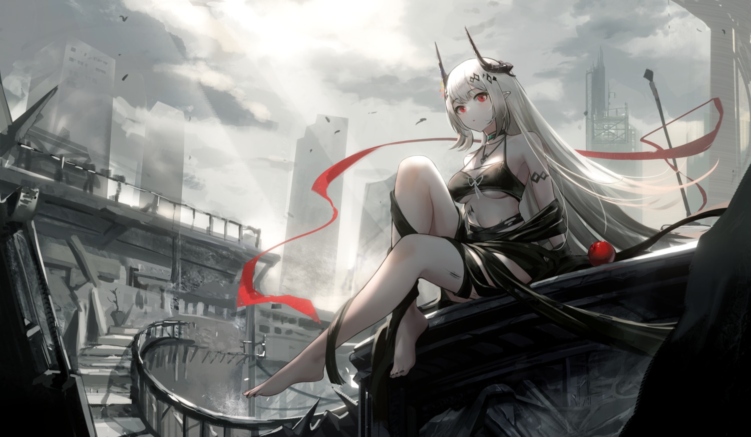 arknights, bikini_top, horns, mudrock_(arknights), pointy_ears, swimsuits, tattoo, underboob
