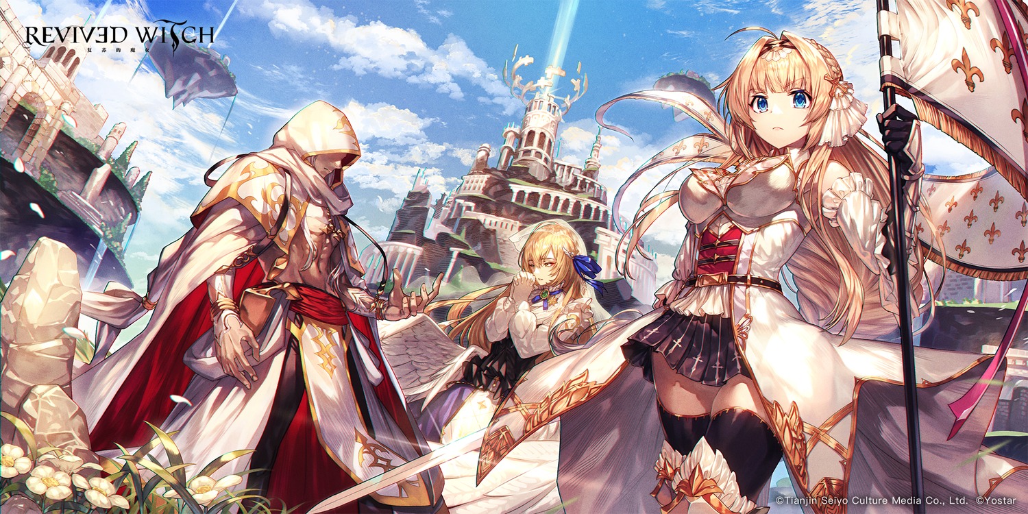 armor, catherine_(revived_witch), datheios_(revived_witch), nakanishi_tatsuya, revived_witch, sher_(revived_witch), sword, thighhighs