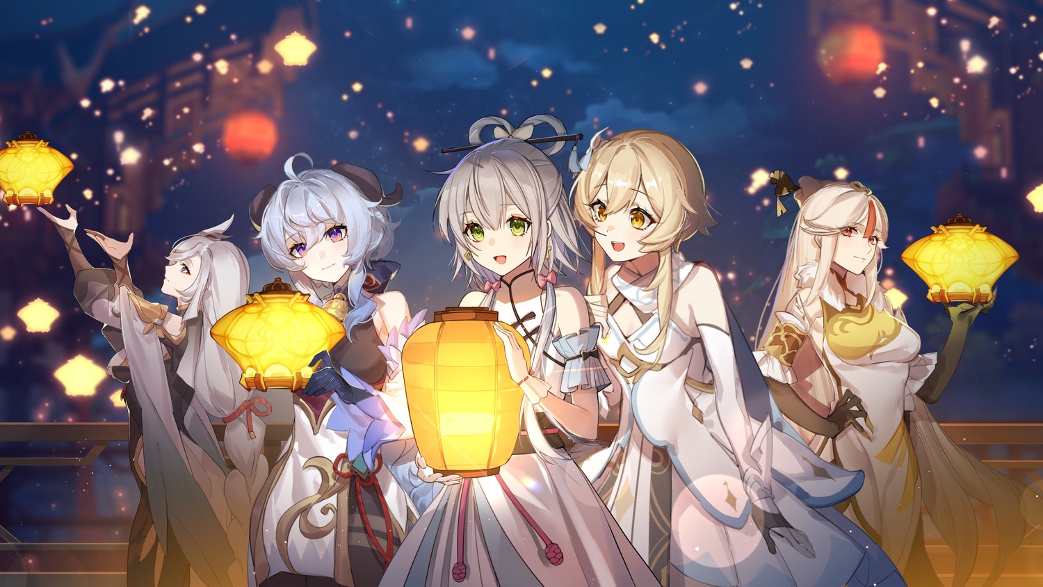 asian_clothes, bodysuit, chinadress, crossover, dress, ganyu, genshin_impact, horns, lumine, luo_tianyi, ningguang, shenhe, vocaloid, yolanda