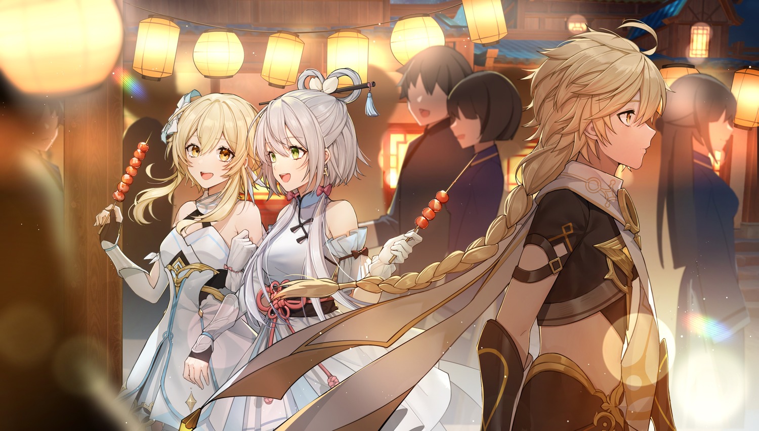aether, asian_clothes, crossover, dress, genshin_impact, lumine, luo_tianyi, vocaloid, yolanda
