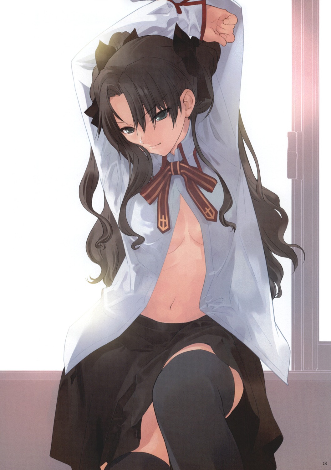 fate/stay_night, hapoi-dokoro, okazaki_takeshi, open_shirt, thighhighs, toosaka_rin