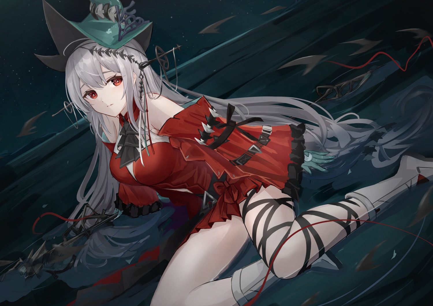 arknights, dress, skadi_(arknights), unidon_48, weapon, wet, witch