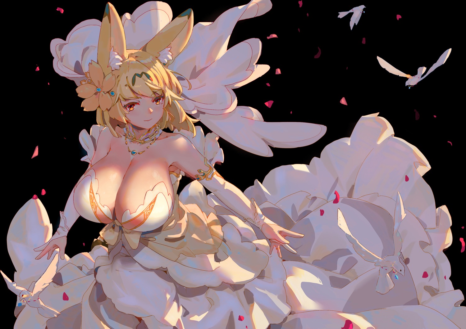 animal_ears, boy_(pixiv17542438), cleavage, dress, kemono_friends, no_bra, serval, wedding_dress