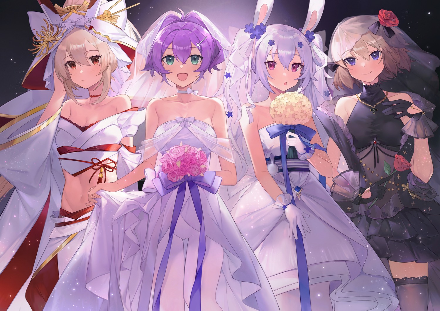 animal_ears, ayanami_(azur_lane), azur_lane, bunny_ears, cameltoe, dress, japanese_clothes, javelin_(azur_lane), laffey_(azur_lane), no_bra, pantyhose, skirt_lift, thighhighs, wedding_dress, yayako_(804907150), z23_(azur_lane)