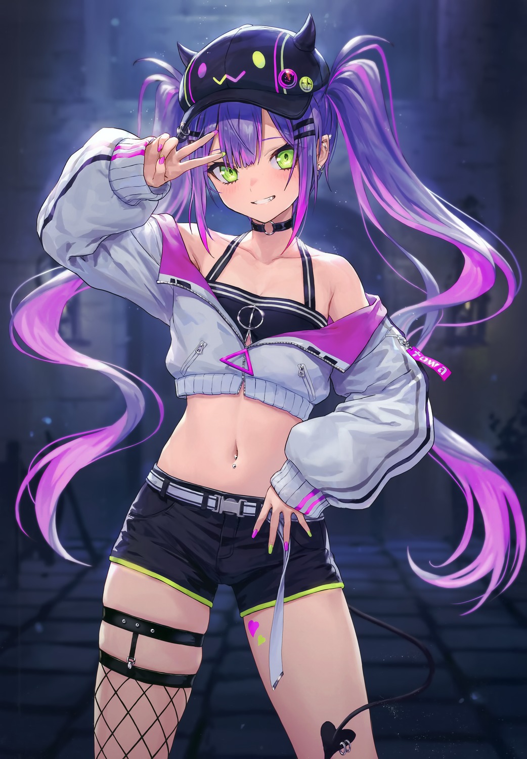 fishnets, garter, guchico, hololive, tail, tokoyami_towa, wings