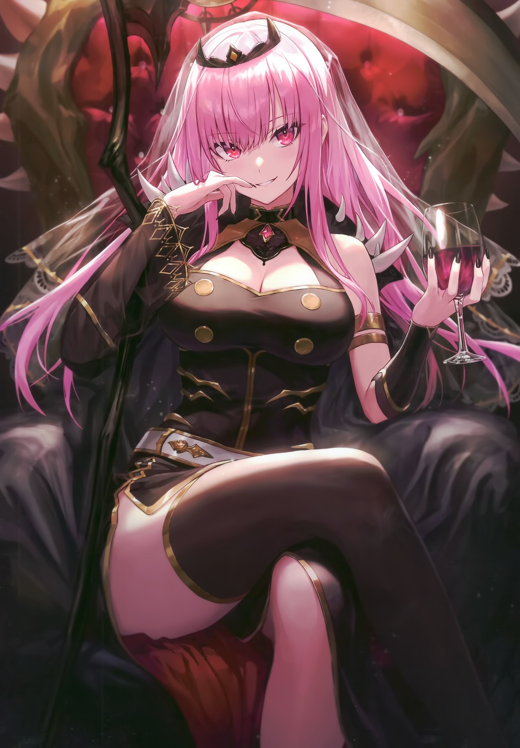 cleavage, guchico, hololive, hololive_english, mori_calliope, skirt_lift, thighhighs