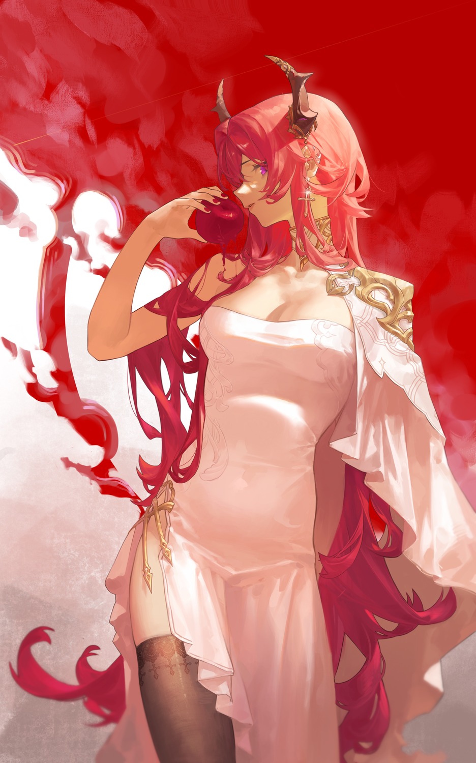 arknights, cleavage, dress, horns, no_bra, surtr_(arknights), thighhighs, wushier