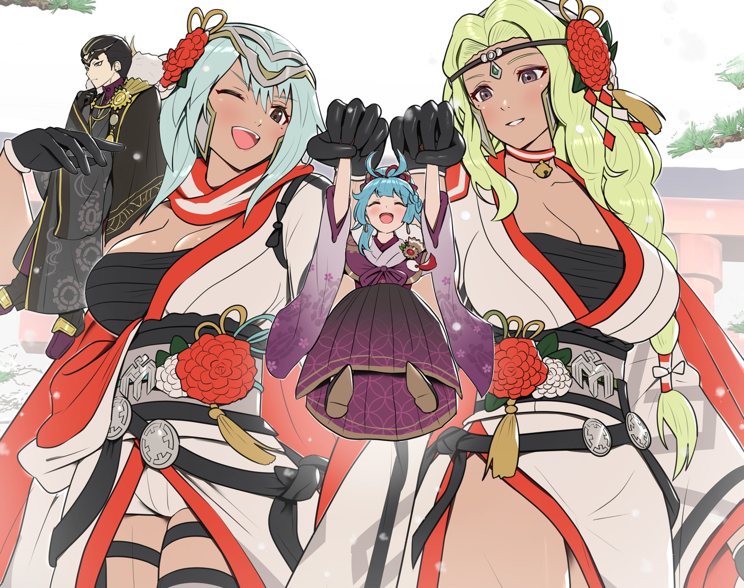 cleavage, dagr_(fire_emblem), fafnir_(fire_emblem), fire_emblem, fire_emblem_heroes, gonzarez, japanese_clothes, nott_(fire_emblem), reginn, sarashi