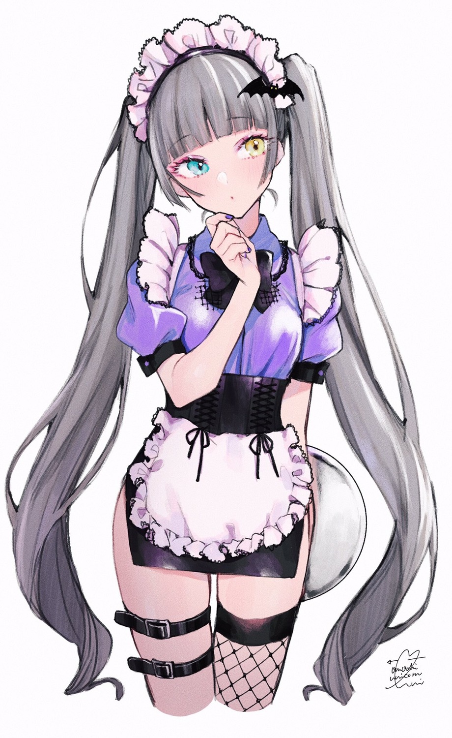 fishnets, garter, haishima_kagari, heterochromia, maid, school_girl_strikers, thighhighs, uni_(omochi_unicorn)